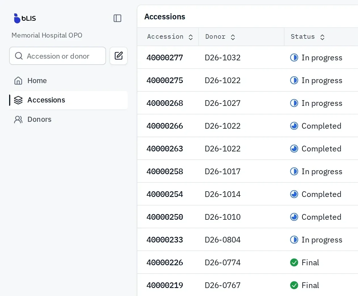 bLIS signed in as a client organization: its own accessions only, each with its status.