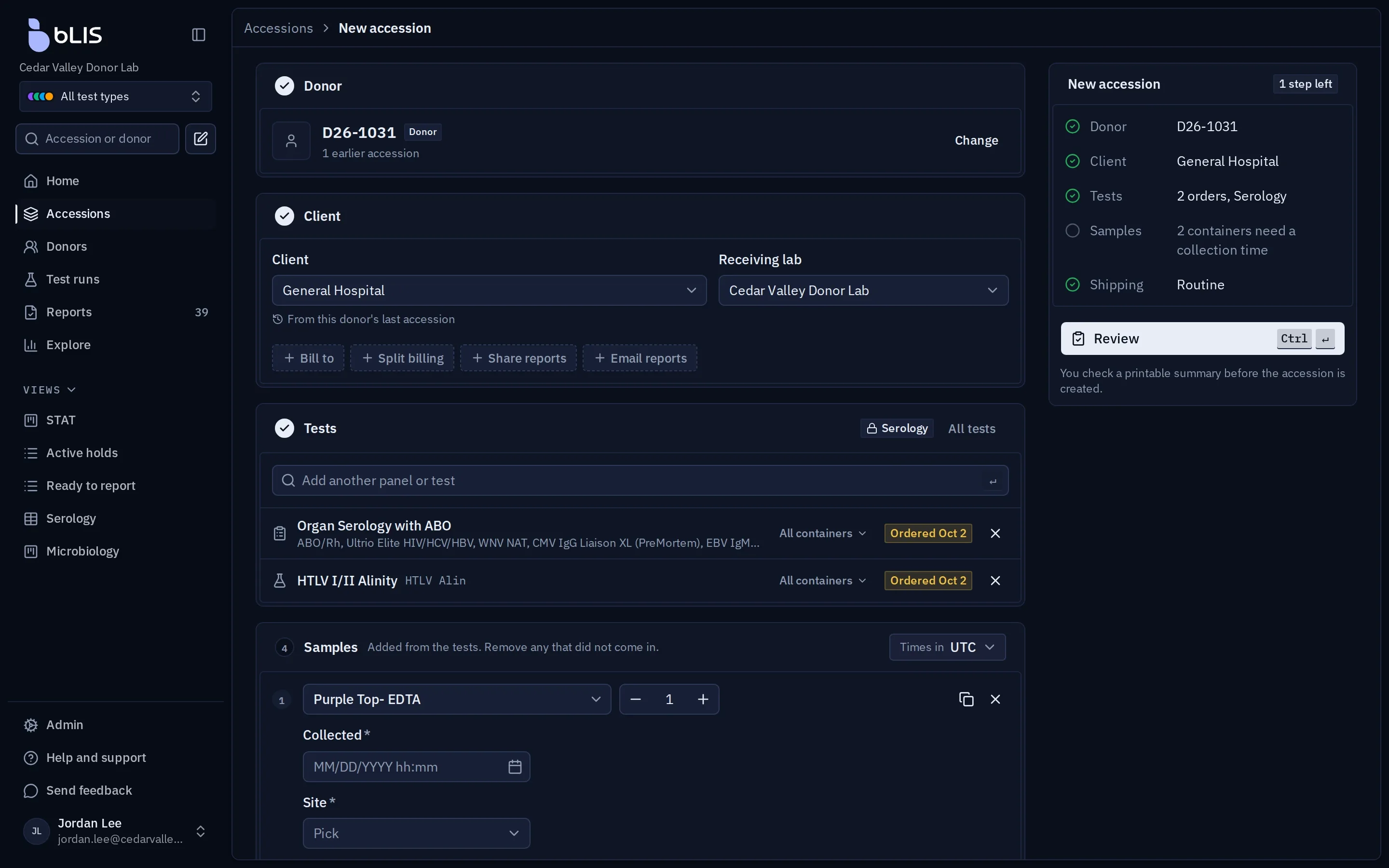 The bLIS new accession page with the donor, the client and receiving lab, two ordered tests, the samples they need, and a summary with one step left.
