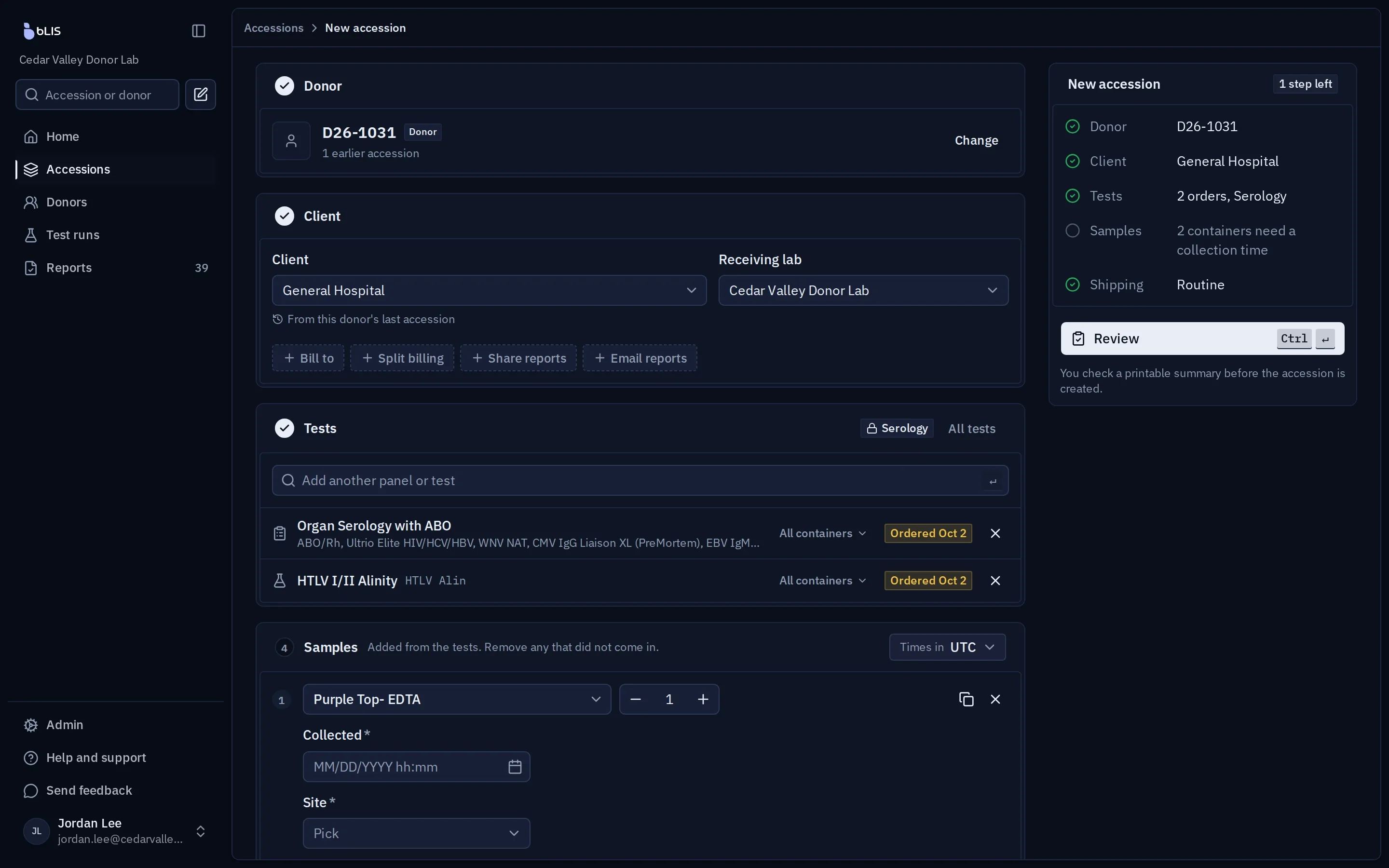 The bLIS new accession page with the donor, the client and receiving lab, two ordered tests, the samples they need, and a summary with one step left.