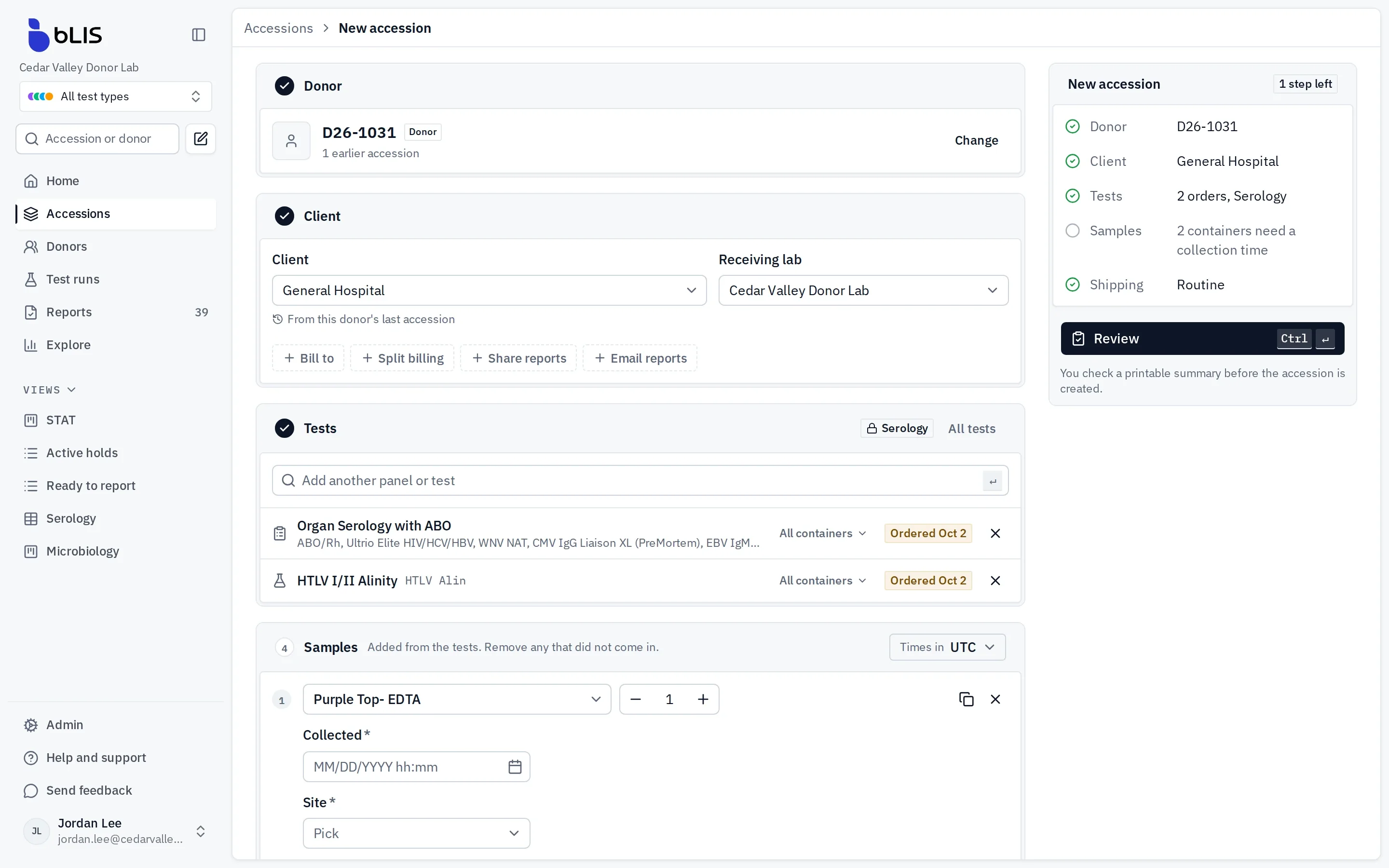 The bLIS new accession page with the donor, the client and receiving lab, two ordered tests, the samples they need, and a summary with one step left.