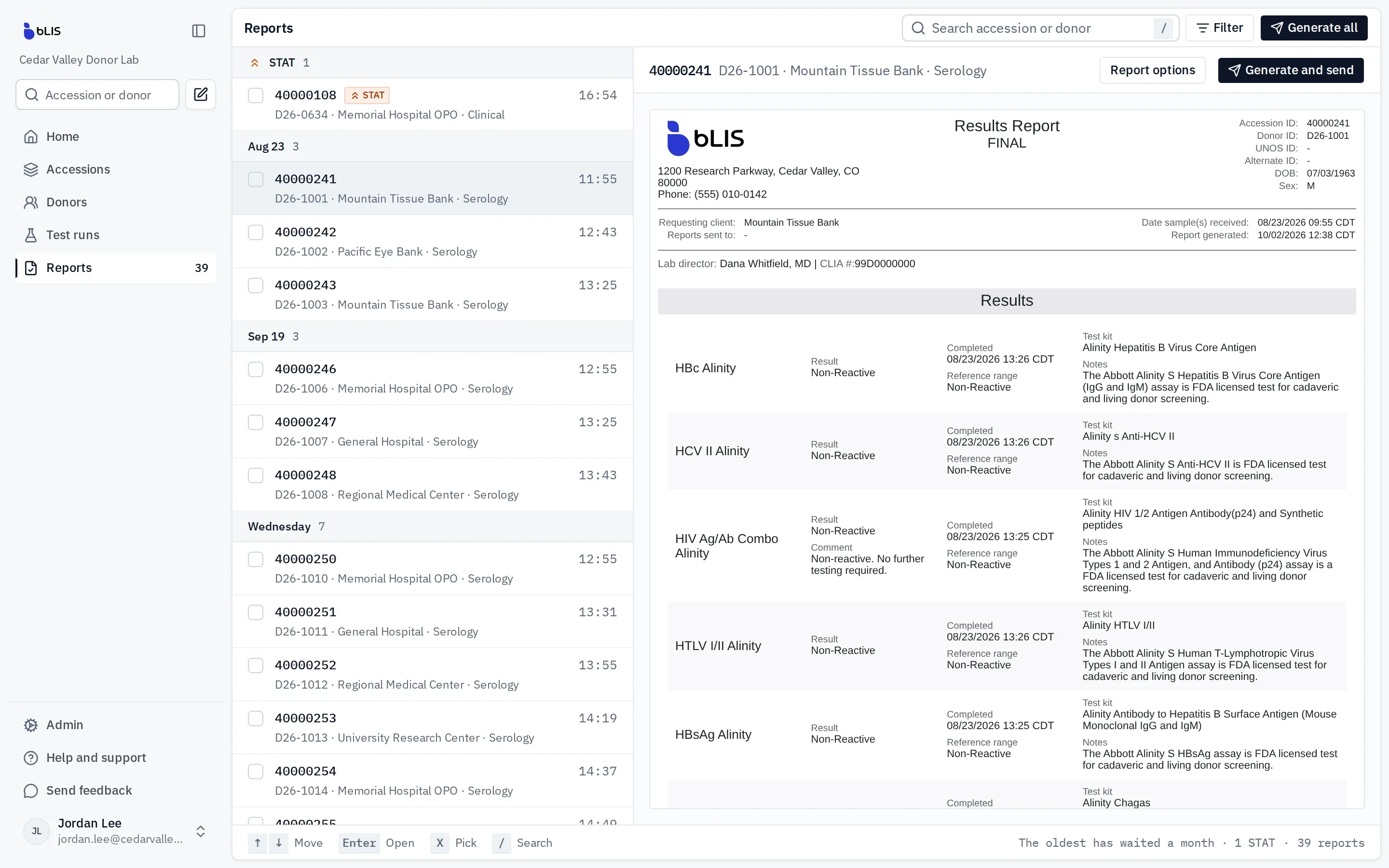 The bLIS reports page: accessions ready for a report, and a preview of the results report for one of them.
